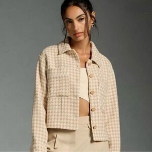 Anthropologie Dolan Houndstooth PlaidCropped Jacket Tan Cream EUC S Y2K Grandpa
